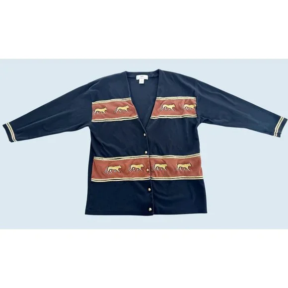 Vintage Cardigan Sweater Top Puma Cheetah Detail Size M - Picture 2 of 8